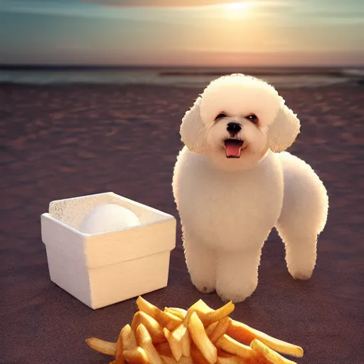 Image similar to a photorealistic photograph of a smiling white bichon puppy eating basket of french fries during sunset at the beach Trending on artstation, featured on Behance, well-rendered, Unreal Engine, 4K HD