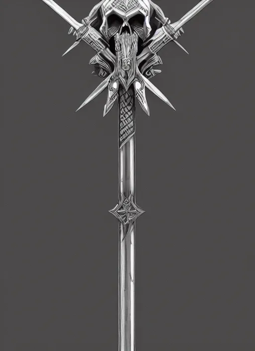 Image similar to a black and silver sword skull crest, orthographic, ornament, weapon, a 2 d render by dom qwek, front side, concept art, trending on polycount, artstation, hard surface modeling, rendered in maya, zbrush, hd, vray, blizzard, symmetry