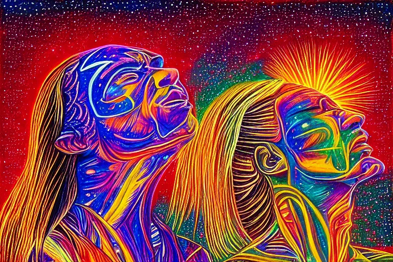 Prompt: digital art of a spiritual native american man looking up at the stars, glowing light, acrylic art, universe, painting, pastel colors, alex grey,