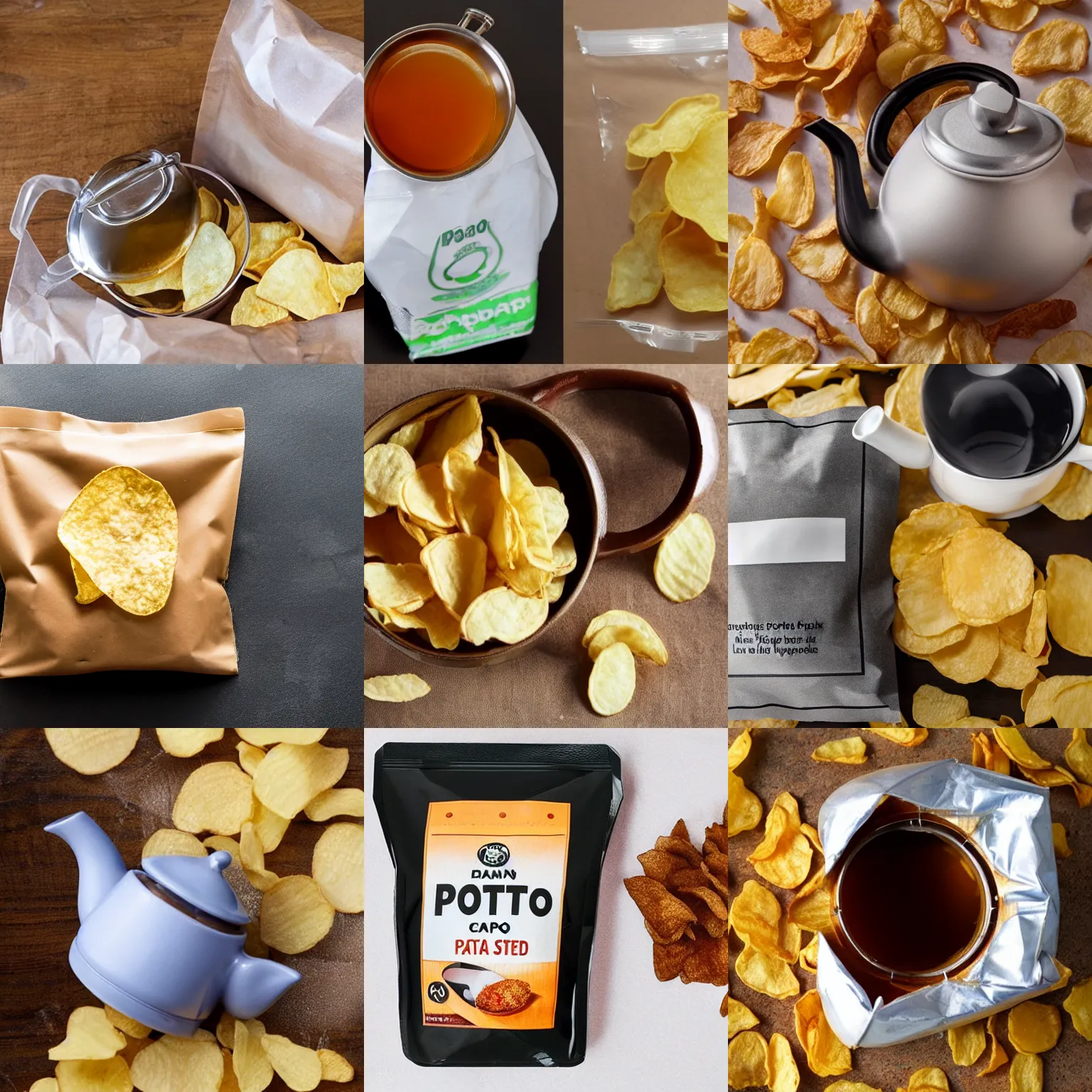 Prompt: a teapot hidden inside of a sealed bag of potato chips