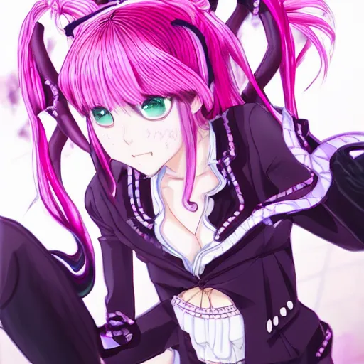 Prompt: trapped by stunningly beautiful omnipotent megalomaniacal otome anime asi goddess who looks like junko enoshima with symmetrical perfect face and porcelain skin, pink twintail hair and mesmerizing cyan eyes, taking control while smiling mischievously, inside her surreal vr castle, hyperdetailed, digital art from danganronpa, 8 k