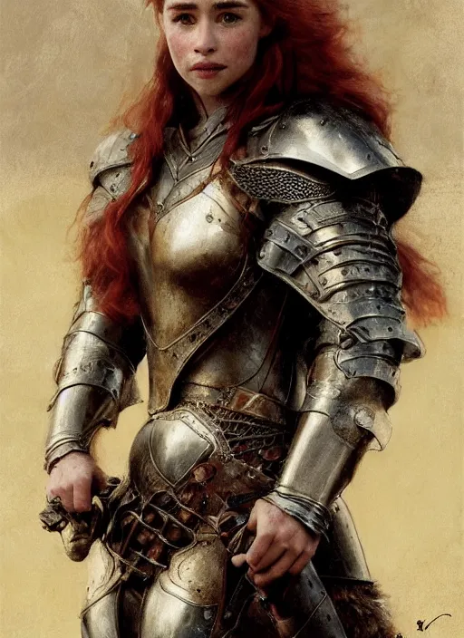 Image similar to short muscular redheaded woman wearing realistic medieval armour, emilia clarke, detailed by gaston bussiere, bayard wu, greg rutkowski, giger, maxim verehin, greg rutkowski, masterpiece, sharp focus, cinematic lightning