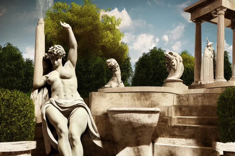 Image similar to photo of a beautiful greek statue in a garden surrounded by fountains, 4 k, hyper realistic, lens flare, octane render, hyper detailed, accurate proportions