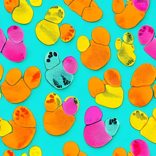 Image similar to seamless looping design of kittens on multicoloured paw print background