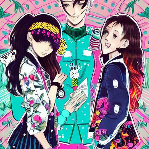 Prompt: ai yazawa cover illustration of very symmetrical portrait of teens in fruits magazine steetwear illustration of cute cool fashion worn in the far future with glowing led lights and plants, futuristic!!! haute couture fashion!!!!, nanotechnology and cybernetics!!! and solar power and prosthetic, detailed elegant manga illustration intaglio