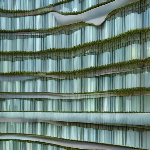 Image similar to a photo of a futuristic biomimicry oasis facade + the facade is elegant and made of a biomimicry nature algae with ornate patterns + photo taken on a misty morning + architectural photography, 8K, photorealistic