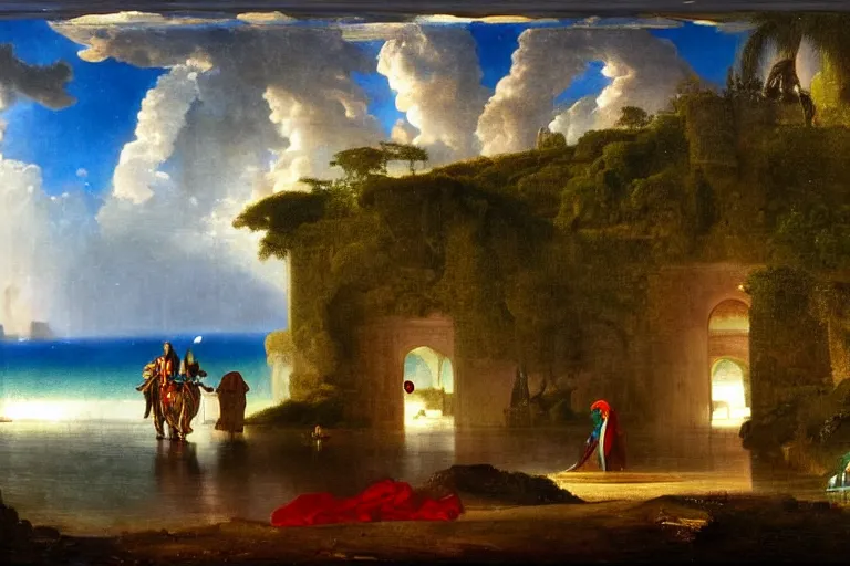 Image similar to Knight leaving the palace through the bridge, refracted sparkles, thunderstorm, beach and Tropical vegetation on the background major arcana sky and symbols, by paul delaroche, hyperrealistic 4k uhd, award-winning, very detailed paradise