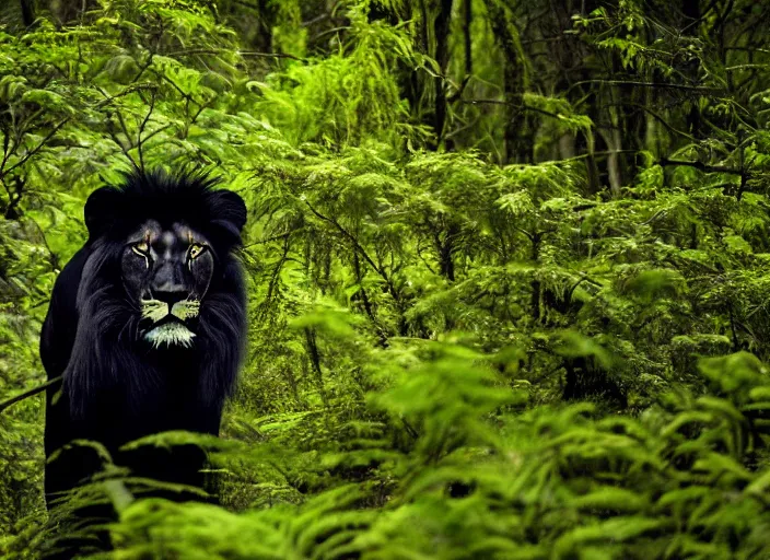 Prompt: professional wildlife photograph of a black lion standing in a foggy misty black dark jungle at night, surrounded by dense dark trees at night, moss, ferns, cinematic lighting, apex predator, natgeo