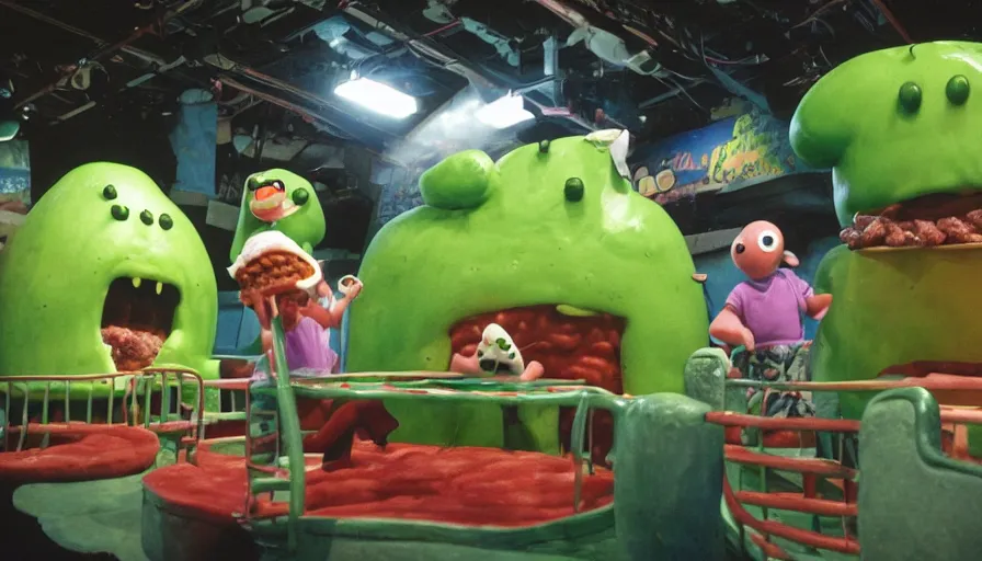 Image similar to 1990s photo of inside the Slime Friends Snow Potato Show ride at Universal Studios in Orlando, Florida, riding a hotdog through a dinner plate world, cinematic, UHD