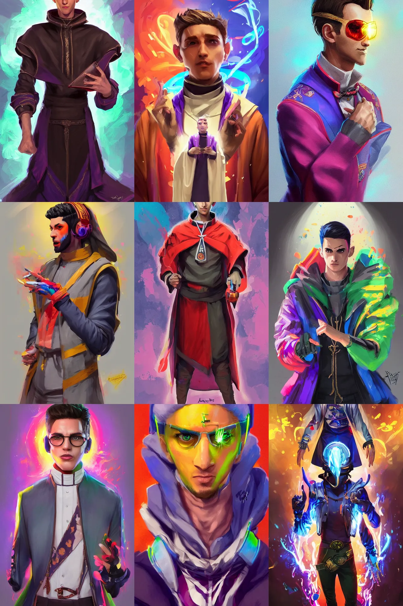 Prompt: a full body digital painting concept art portrait of a cool young priest dressed in stylish garish clothing with face and body clearly visible by artgerm and greg rutkowski, fornite, valorant, high quality, happy mood, artstation trending, vibrant colours, no crop, no helmet, no headgear, entire character, blank background, face visible, realistic proportions,