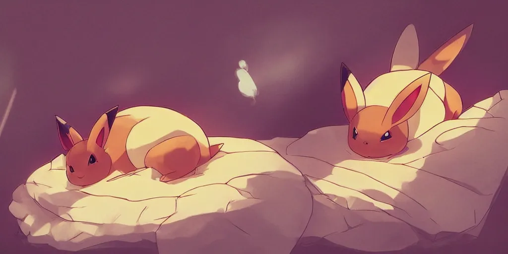 Prompt: a chubby eevee pokemon sleeping on a couch cushion, slanted lighting from window, dust motes in air, cozy vibe, high angle shot, fine details, artwork by ross tran and ilya kuvshinov