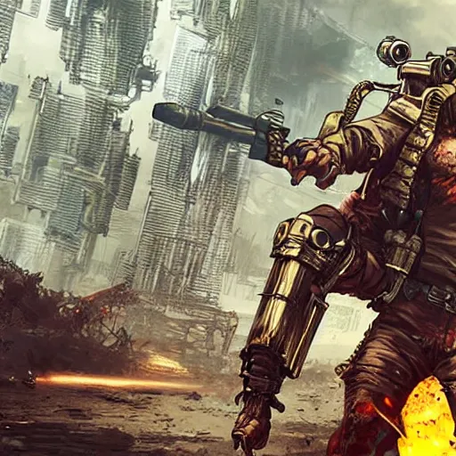 Image similar to 8K detailed realistic illustration of a post-apocalyptic cyberpunk Indonesia war general in the style of Yoji Shinkawa, high resolution