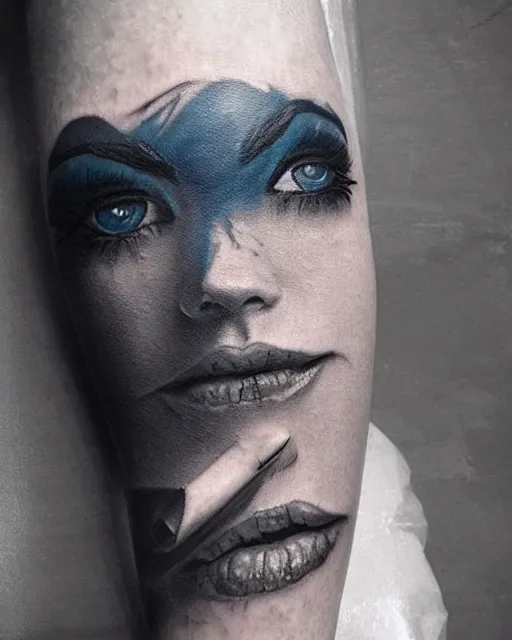 Image similar to tattoo design sketch of a beautiful blue - eyed woman face with a faded background of beautiful mountains on her side, hyper - realistic, in the style of den yakovlev, amazing detail, black and white