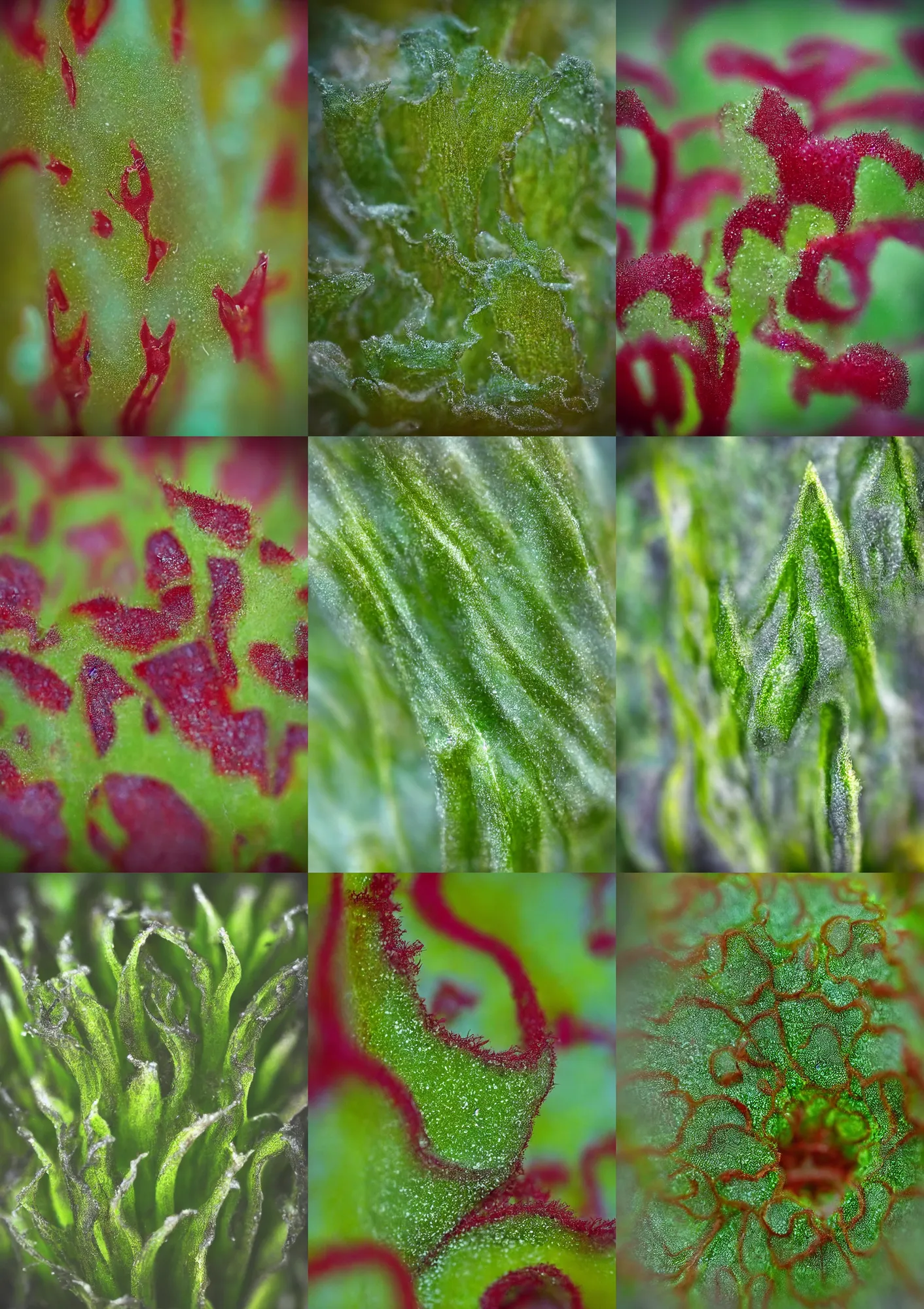 Prompt: bokeh of macro photography of carnivorous plants, macro, out of focus, painterly, fantasy art, seafoam green