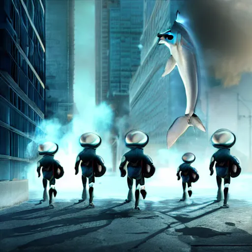 Prompt: apocalyptic, dolphin aliens walking on the future streets. smoke. volumetric lighting, sharp focus, ultra detailed, cgsociety - w 1 0 2 4 - n 8 - i