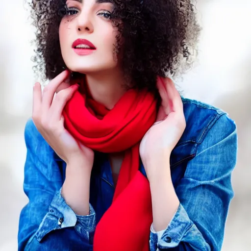 Prompt: beautiful woman wearing a red blouse, blue jeans, scarf. hyperrealistic