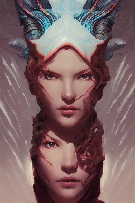 Image similar to portrait of lilith, perfectly symmetrical, tooth wu, dan mumford, beeple, wlop, rossdraws, james jean, marc simonetti, artstation giuseppe dangelico pino and michael garmash and rob rey and greg manchess and huang guangjian and makoto shinkai