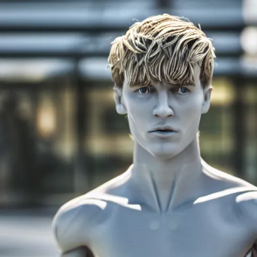 Image similar to a realistic detailed photo of a guy who is an attractive humanoid who is half robot and half humanoid, who is a male android, soccer player martin ødegaard, shiny skin, posing like a statue, blank stare, by the pool, on display, showing off his muscles, humanoid robot, frozen ice statue