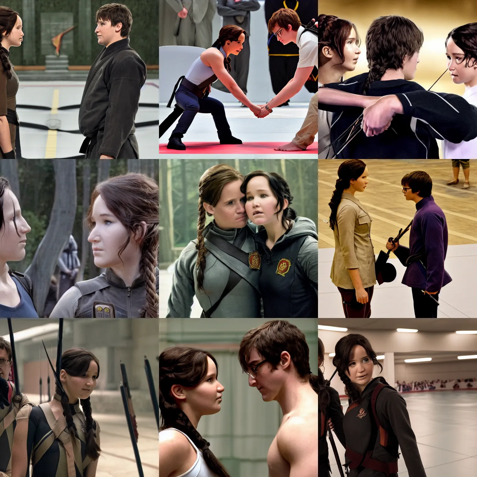 Prompt: Katniss Everdeen and Harry Potter bowing to each other before a judo match