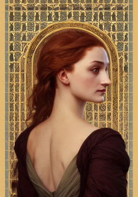 Image similar to sansa stark in sanset, intricate, elegant, highly detailed, digital painting, artstation, concept art, smooth, sharp focus, illustration, art by artgerm and greg rutkowski and alphonse mucha and william - adolphe bouguereau