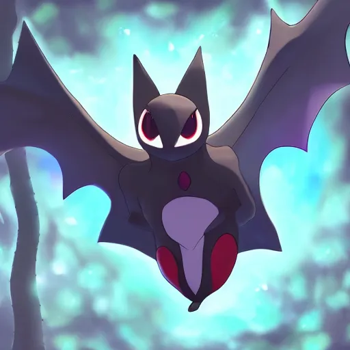 Image similar to a pokemon that looks like bat, bat hanging upside down in a tree, glowing like a light bulb, digital art. trending on art station, unreal engine.