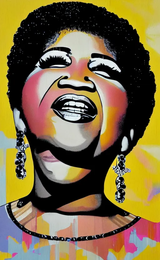 Prompt: a portrait of aretha franklin singing, by sandra chevrier