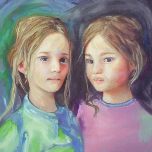 Image similar to a messy painting of twin sisters. Wendy and Susannah Melvin.Trending on ArtStation