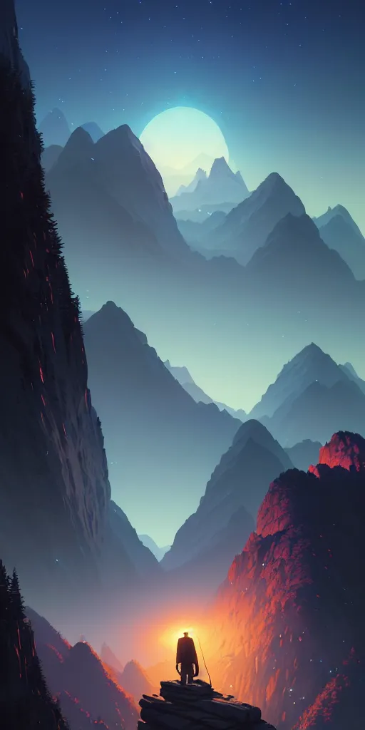 Image similar to highly detailed mountain in night, gta v, stephen bliss, unreal engine, fantasy art by greg rutkowski, loish, rhads, ferdinand knab, makoto shinkai and lois van baarle, ilya kuvshinov, rossdraws, tom bagshaw, global illumination, radiant light, detailed and intricate environment