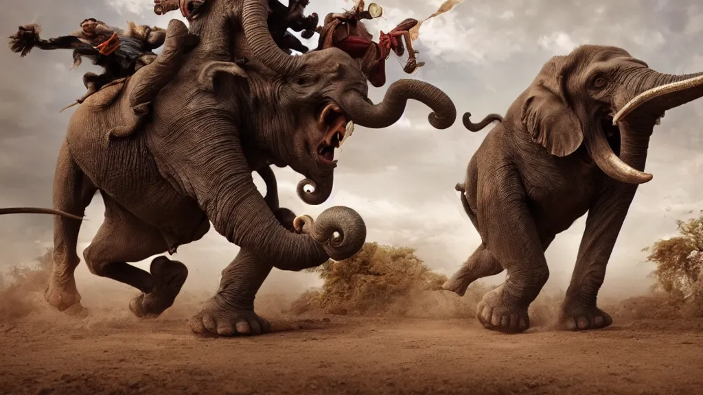 Prompt: a crazed monkey riding a war elephant into battle. hyperrealistic, octane
