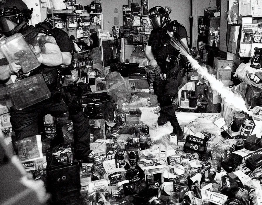 Image similar to Alex Jones in his garage office inventing conspiracy theories, surrounded by boxes of herbal supplements and trash and TVs, a group of SWAT police kicking in the door, tear gas and smoke, alex jones fighting police, detailed photograph high quality