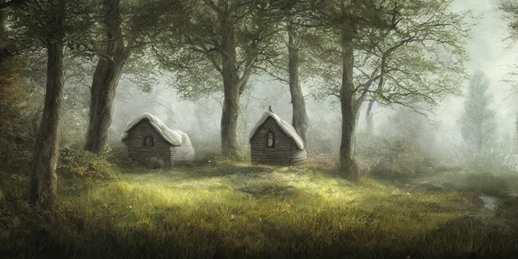 Prompt: a painting of lone cottage in the woods and empty woods, 8k, fantasy, hyper realistic, atmospheric, cinematic