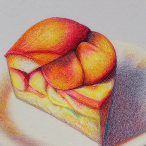 Image similar to Colored pencil art on paper, Peach pie slice on a plate, highly detailed, artstation, MasterPiece, Award-Winning, Caran d'Ache Luminance