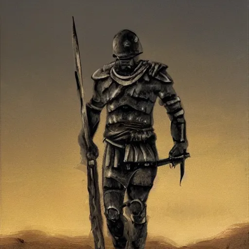 Image similar to Digital art of a tired spartan soldier on the battlefield in the style of an oil painting, acrylic, bleak, moonlight, detailed,