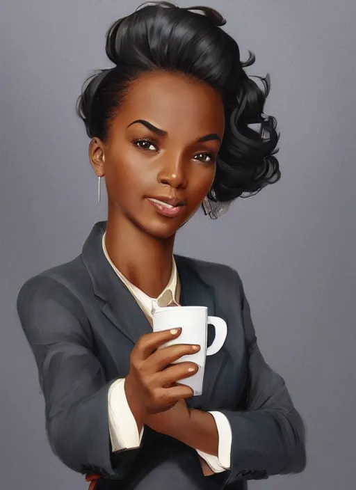 Prompt: detailed digital painting of beautiful black woman in corporate attire holding a cell phone and steaming coffee mug, fanart behance trending on artstation, concept art, matte, sharp focus, illustration, corner office background, hearthstone, art by artgerm and greg rutkowski and alphonse mucha