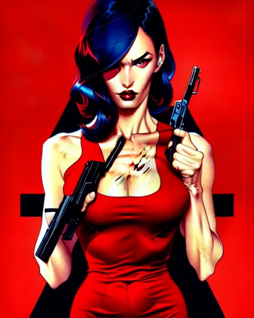 Image similar to artgerm, joshua middleton comic cover art, full body pretty megan fox holding a shotgun, red dress, symmetrical eyes, symmetrical face, long curly black hair, dark city background, cinematic lighting