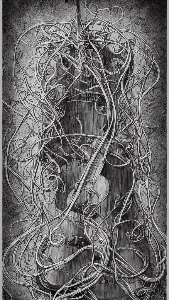 Prompt: a guitar with long thick vines wrapping around it, fantasy art, art station,