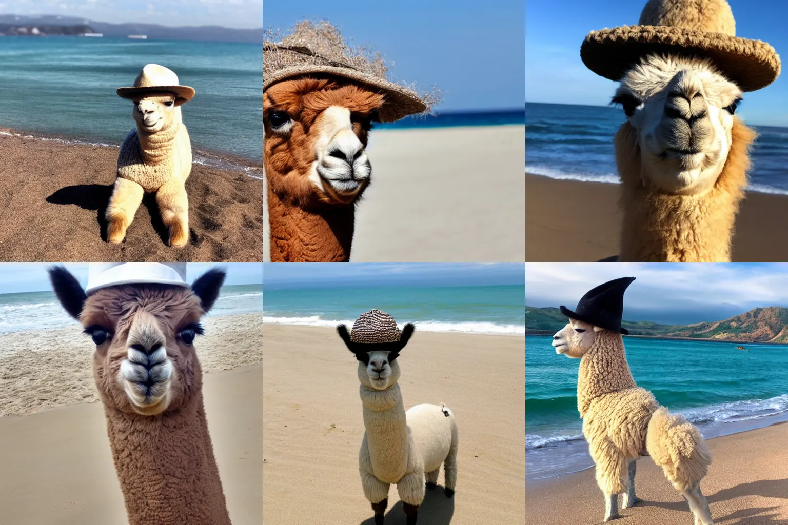 Prompt: alpaca with a hat at the beach