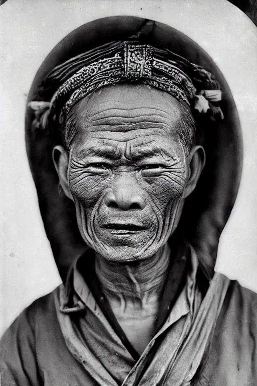 Prompt: ultra realistic vintage photo portrait of a tibetan man with a tunnel in forehead, by Irving Penn