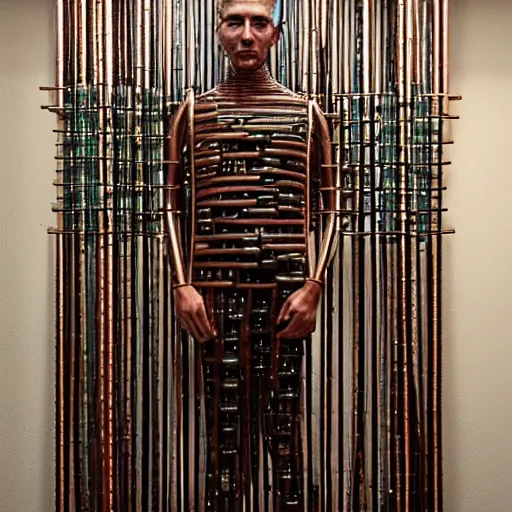 Prompt: a portrait of a man made entirely with copper pipes and tubes, realistic