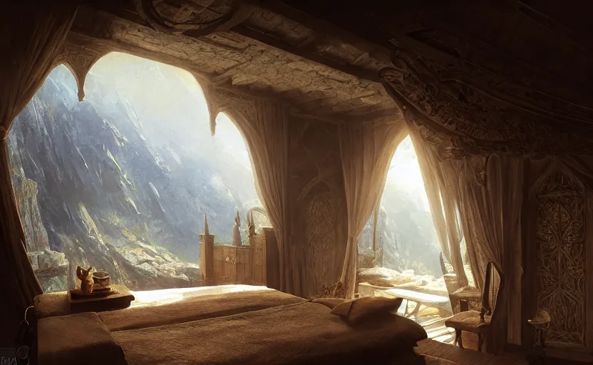 Prompt: painting of a series of a ring of bedrooms carved inside a mountain viewed from courtyard below, cozy bed, well maintained, clean, medieval, fantasy genre, natural light, fantasy, natural light, sharp focus, concept art, by greg rutkowski and craig mullins, cozy atmospheric and cinematic lighting, trending on artstation