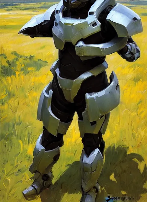 Image similar to Greg Manchess painting of a humanoid Corgi wearing Forerunner Armor from Halo, countryside, calm, fantasy character portrait, dynamic pose, above view, sunny day, artwork by Jeremy Lipkin and Giuseppe Dangelico Pino and Michael Garmash and Rob Rey, very coherent asymmetrical artwork, sharp edges, perfect face, simple form, 100mm