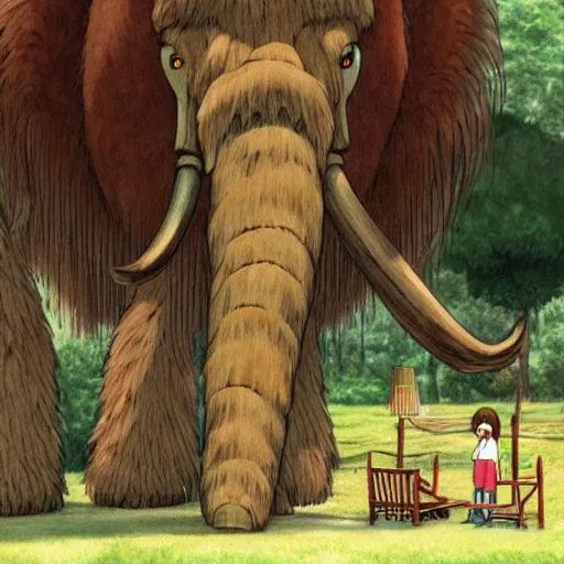 Image similar to a realistic cell - shaded studio ghibli concept art from paprika ( 2 0 0 6 ) of a giant wooly mammoth. very dull colors, wide shot, hd, 4 k, hq