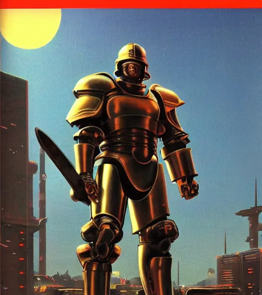 Image similar to a large cyberpunk paladin in rounded heavy plate armor with large shoulder pads and a spartan helmet wearing a crusaders helmet he is holding a large axe in a cyberpunk setting, 1 9 7 9 omni magazine cover, style by vincent di fate, artgerm, cyberpunk 2 0 7 7, very coherent, detailed, 4 k resolution, unreal engine, daz