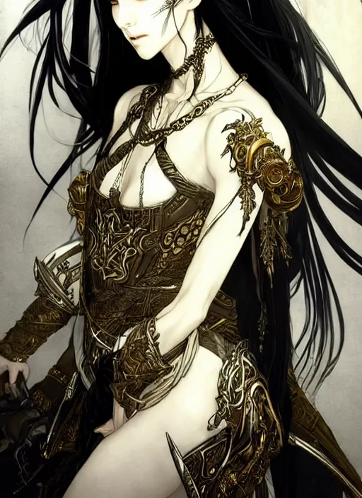 Image similar to Half body portrait of a beautiful elven healer with long straight black hair wearing ornate white and gold attire. In style of Yoji Shinkawa and Hyung-tae Kim, trending on ArtStation, dark fantasy, great composition, concept art, highly detailed, dynamic pose.