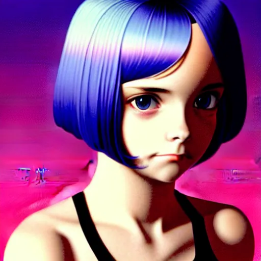 Prompt: a beautiful youth teen christina ricci as she was ramona flowers with head tilted curiously, focus close on mischievous eyes, soft skin, eighties holographic art by ilya kuvshinov monet range murata artgerm katsuhiro otomo norman rockwell, highly detailed intricately sharp focus, bedroom eyes trending on pinterest vogue italia unreal engine