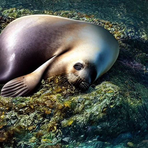 Prompt: A seal sleeping peacefully in a kelp forest, Prince in pastel!!, **cinematic, hyper realistic, detailed, 8k, octane render**.