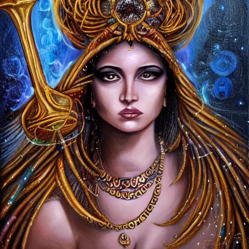 Prompt: angry beautiful Goddess of life with a veil, dark Goddess of artificial intelligence creating an artificial neural network with gold synapses on an anvil with her hammer, high resolution, award winning art, trending on art station, sharp image, incredibly detailed, detailed character, realistic painting, hyper-realistic painting, coherent painting, master piece by ramon y cajal