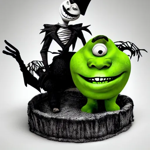 Prompt: Shrek, nightmare before Christmas, Tim Burton, dark, spooky, claymation