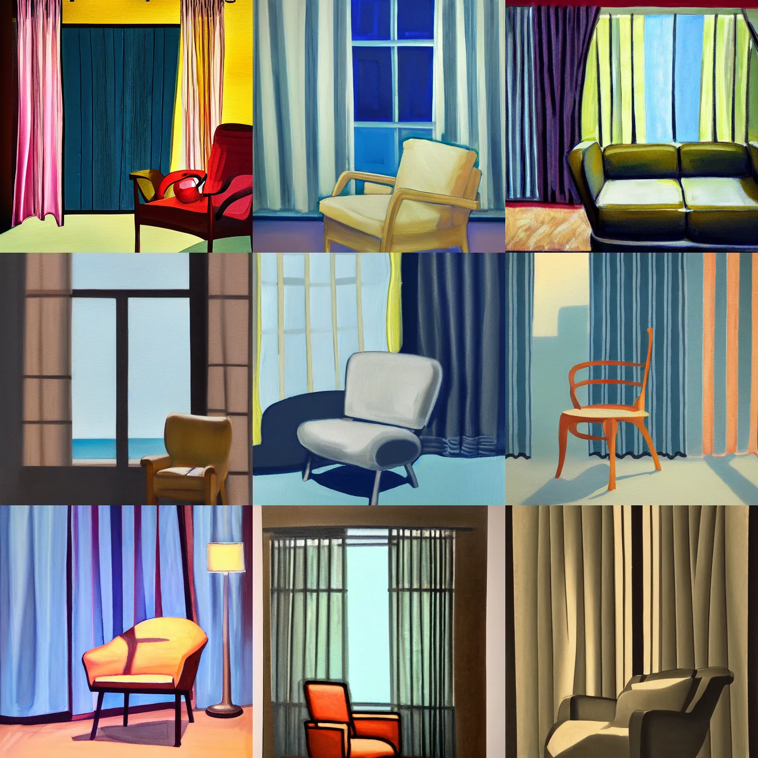 Prompt: still life painting of a lounge chair in front of closed curtains, night time interior, upper left lighting