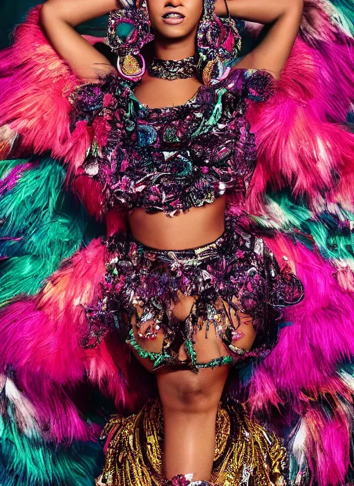 Prompt: beyonce styled by nick knight, colourful clothing, intricate headpiece, posing, high fashion classy, glamour, full body shot, set pieces, intricate set, vogue magazine, canon, highly realistic. high resolution. highly detailed. dramatic. 8 k. 4 k.